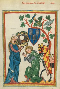 Konrad von Limpurg as a knight being armed by his lady in the Codex Manesse (early 14th century)  Source: Wikipedia