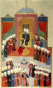 Accession of Mehmed II in Edirne, 1451 depicted in a 1583 painting housed in the Topkapi Palace Museum (Hazine 1523, Hüner-name) (source: Wikipedia)