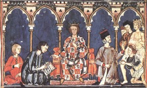 Alfonso X as a judge, from his Libro de los dados, completed ca. 1280. Source: Wikipedia