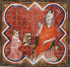 Petrus Comestor presents the Bible Historiale to Archbishop Guillaume of Sens in the Bible Historiale Complétée (ca. 1370-1380). Source: wikipedia