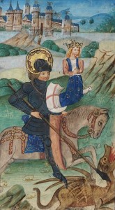 St. George slays the dragon in the De Grey Hours (Flanders, late 14th c.) f.31v (Wikimedia)