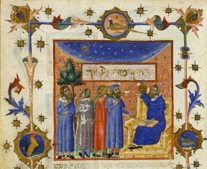 Folio 227v of the Copenhagen Maimonides held by the Danish Royal Library. Maimonides is pictured seated before four students with his hand pointing toward the work's title
