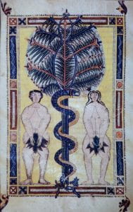 Illuminated manuscript page showing Adam and Eve with fig leaves covering genitals