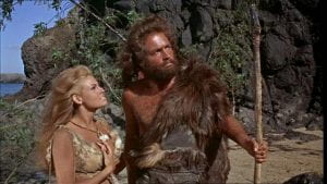 Still from One Million Years BC with Raquel Welch and John Richardson dressed in animal skins