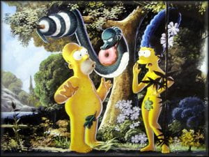 Image of Homer and Marge Simpson as Adam and Eve, with Mr Burns as the serpent