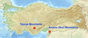 Map indicating locations of Taurus and Nur Mountains in Asia Minor