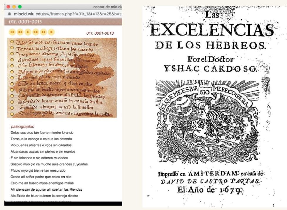 manuscript image of Cantar de Mio Cid next to title page of Isaac Cardoso's Excelencias de los Hebreos