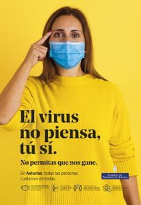 public service poster from Asturian health authority; women pointing to head. Caption: The virus doesn't think, but you should