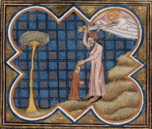 manuscript illumination showing Abraham about to behead Isaac while angel descends from heaven to stop him