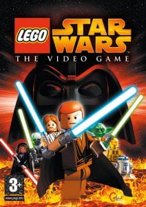 cover of Lego Star Wars videogame showing lego minifig characters holding light sabers