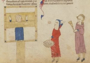 Manuscript illumination depicting a woman in a stockade in a public square with two onlookers, one throwing eggs and the other holding a trumpet.