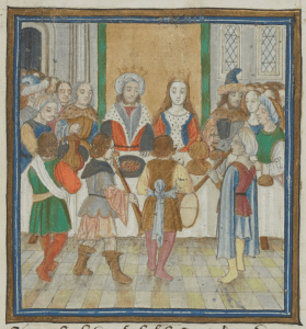 manuscript illumination depicting a royal feast. King and queen are seated at the center of a table loaded with dishes, flanked by servers. In the foreground an ensemble of musicians play wind instruments, drums, and strings.